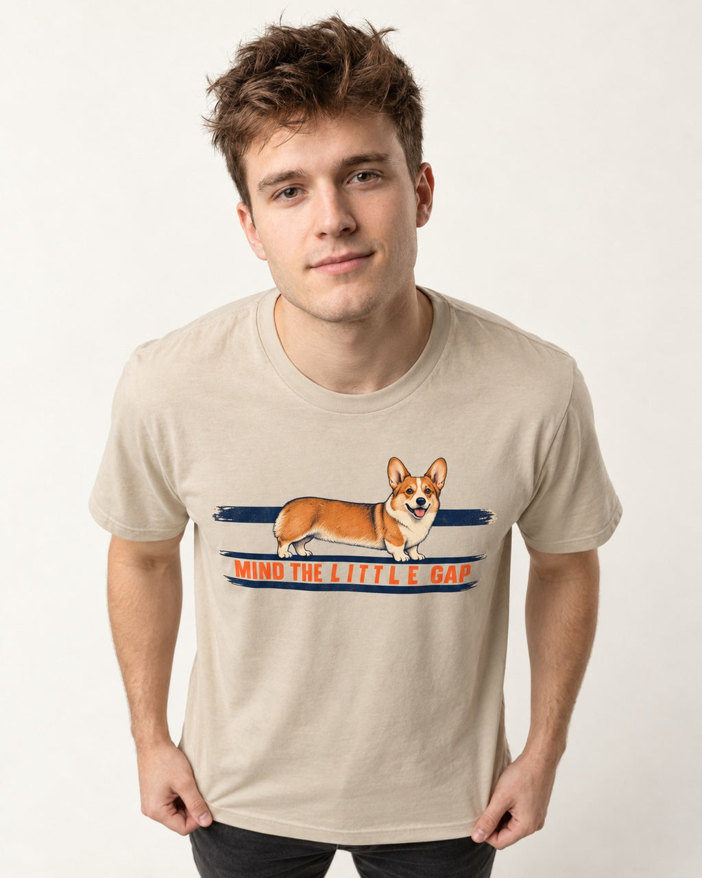 Mind the Little Corgi Gap T-Shirt in Sand, worn by a model