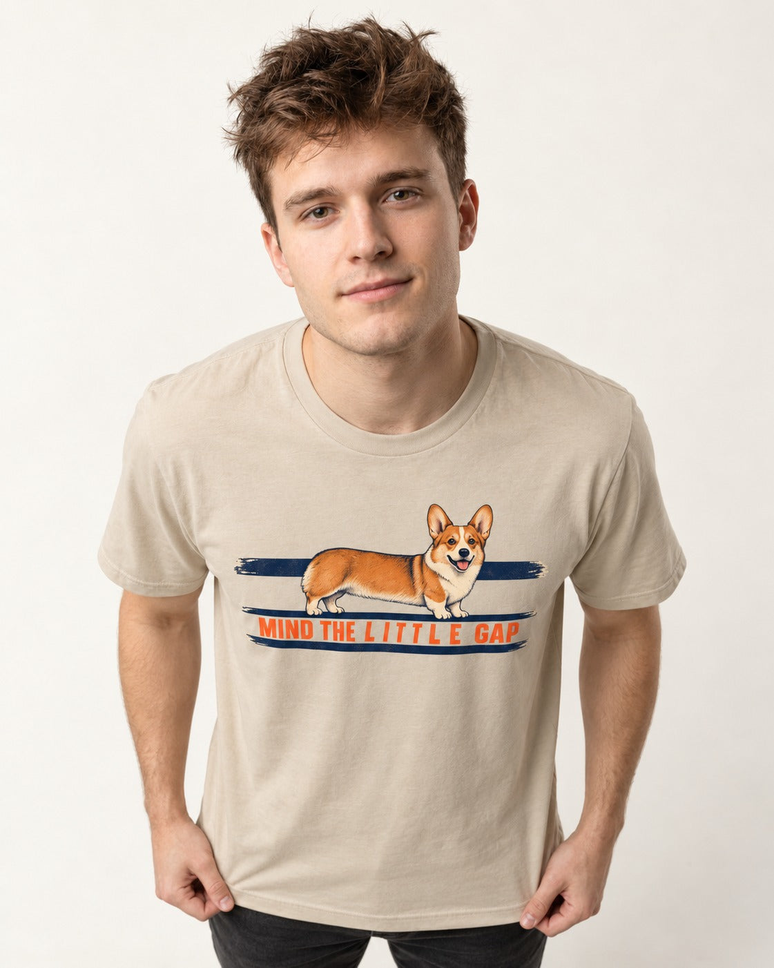 Mind the Little Corgi Gap T-Shirt in Sand, worn by a model