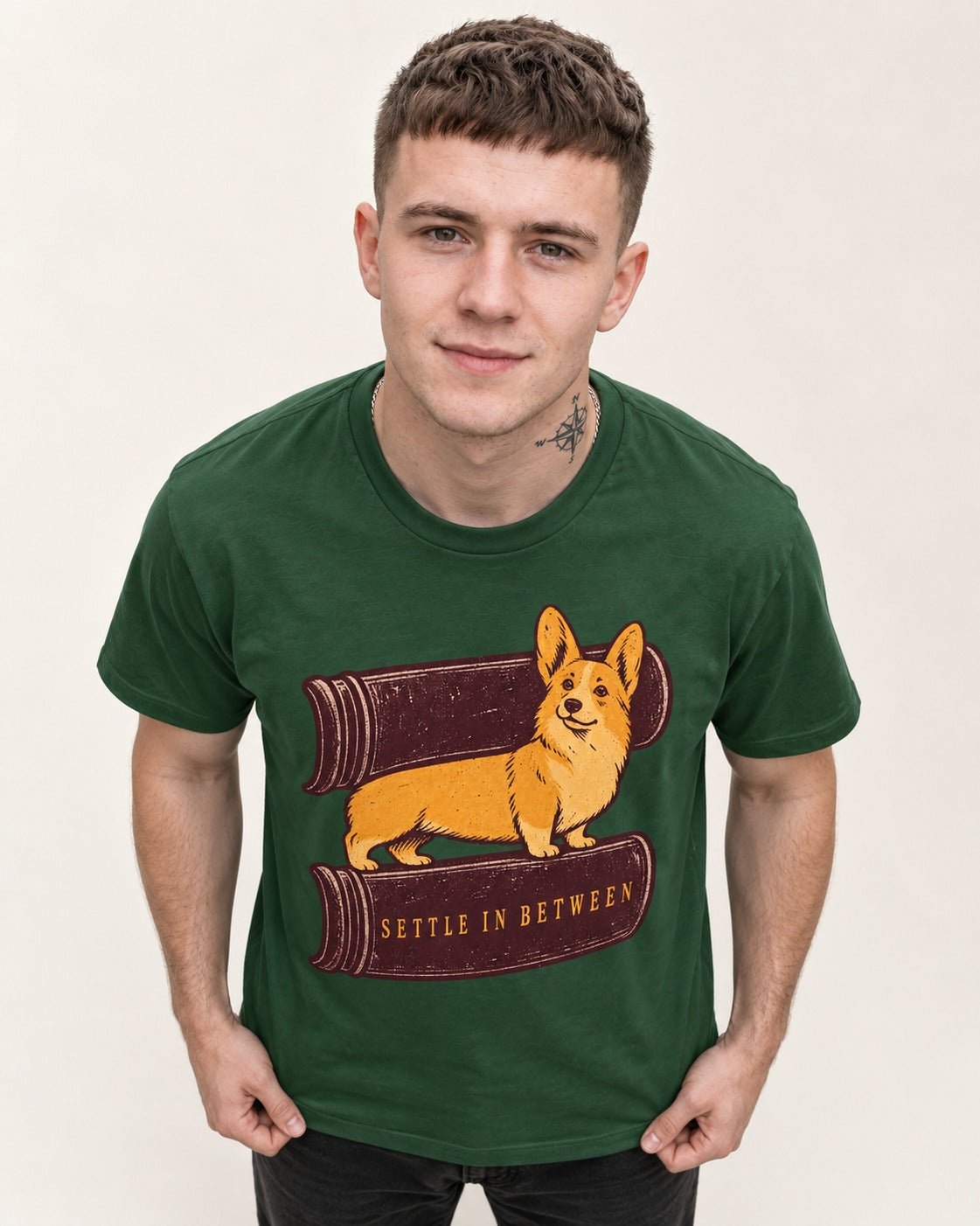 Corgi Settle in Between T-Shirt in Forest Green, worn by a model