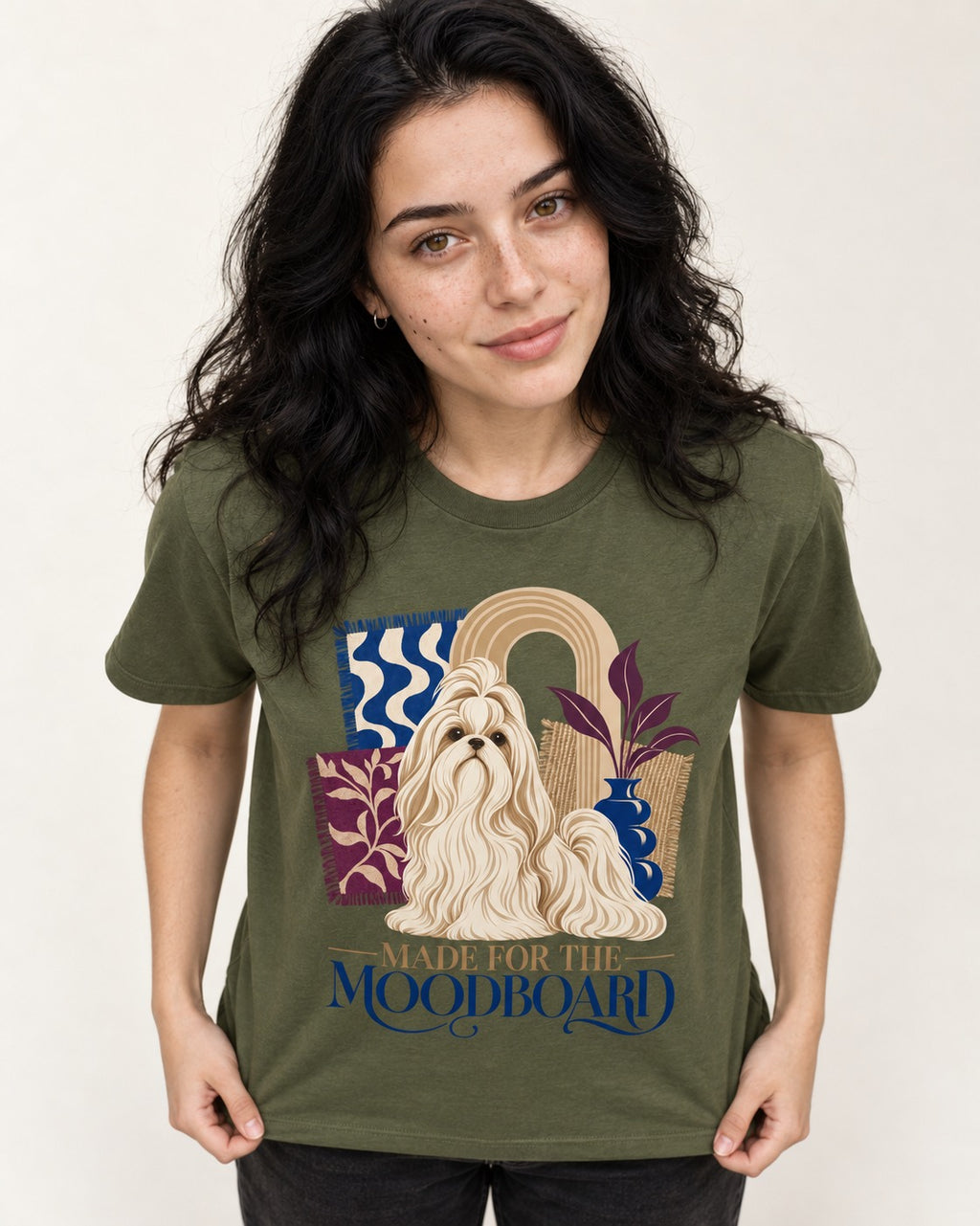 Shih Tzu Made for the Moodboard Boho Interior Graphic T-Shirt in Heather Military Green, worn by a model