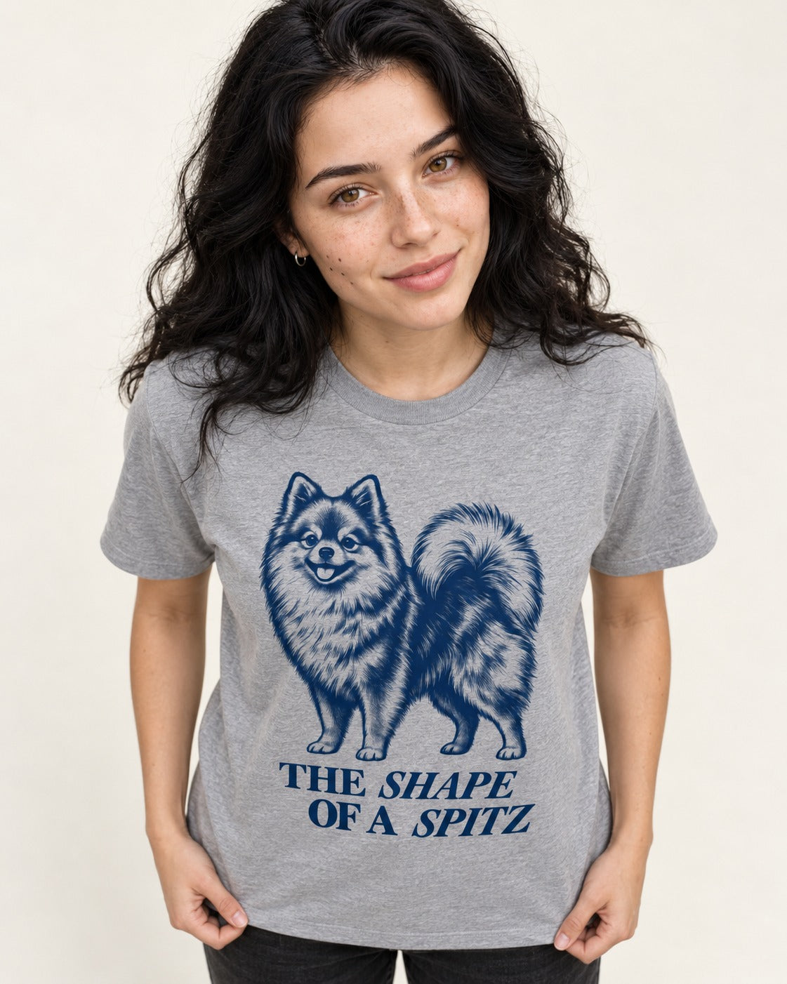 The Shape of a Pomeranian T-Shirt in Sport Grey, worn by a model