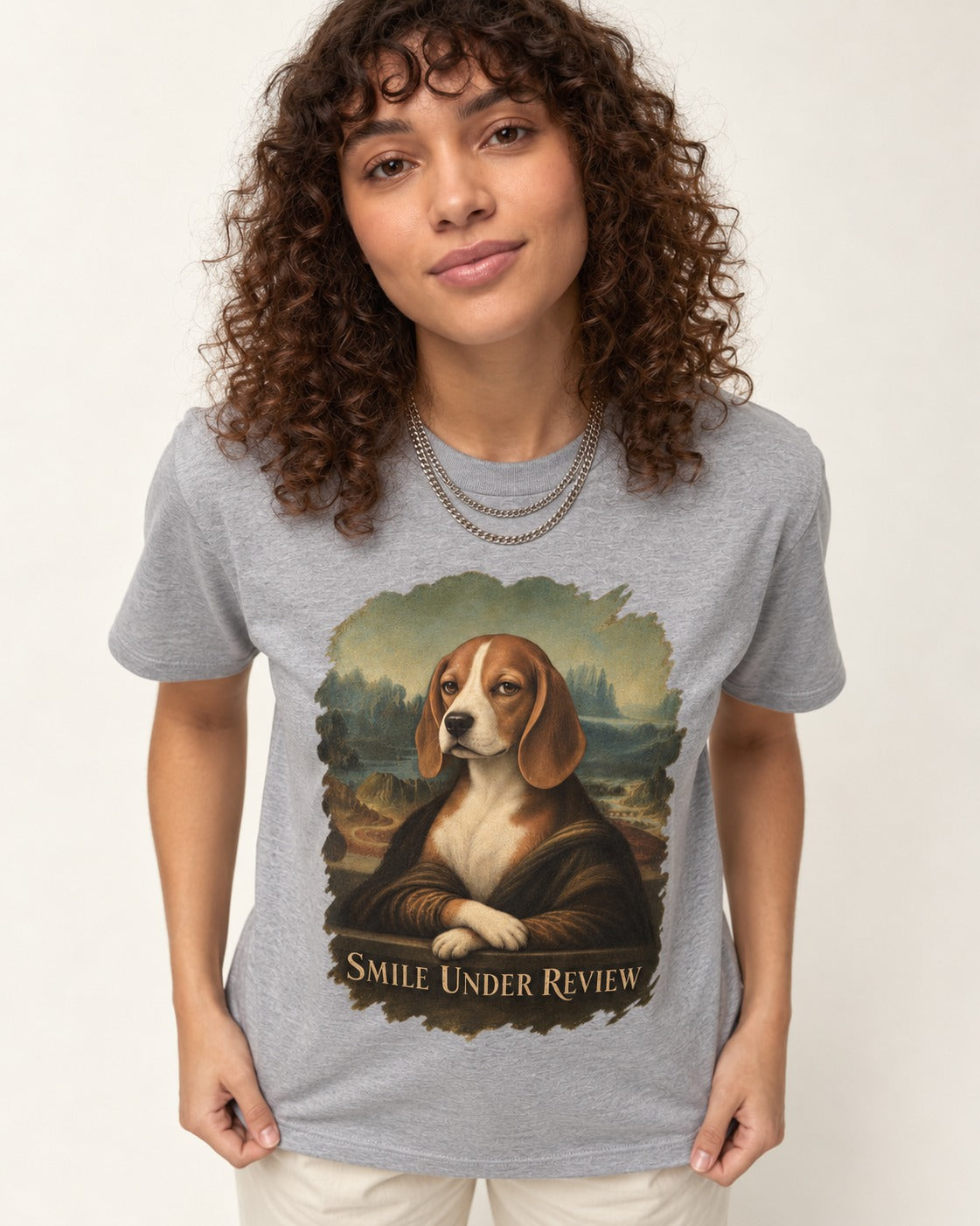 Smile Under Review Beagle Portrait T-Shirt in Sport Grey, worn by a model