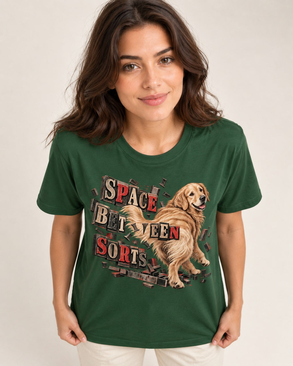 Golden Retriever Space Between Sorts Letterpress Graphic T-Shirt in Forest Green, worn by a model
