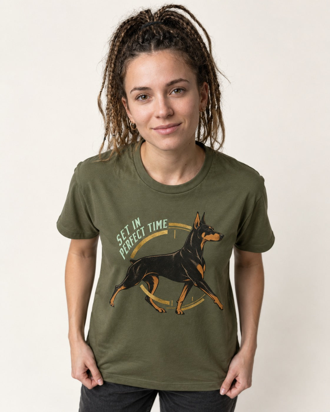 Doberman Set in Perfect Time Clock Stride Graphic T-Shirt in Heather Military Green, worn by a model