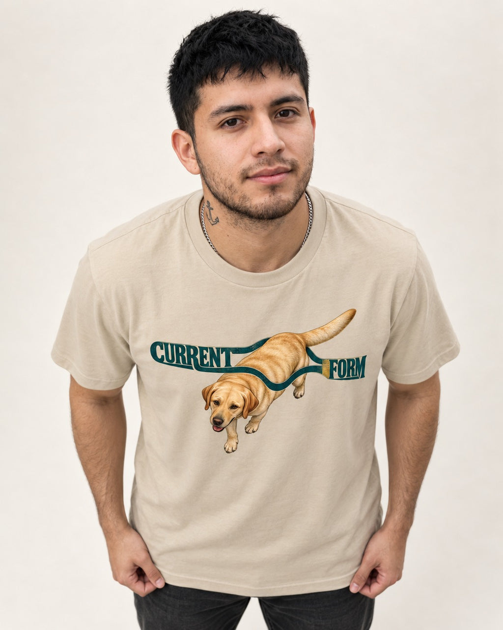 Labrador Retriever Current Form T-Shirt in Sand, worn by a model