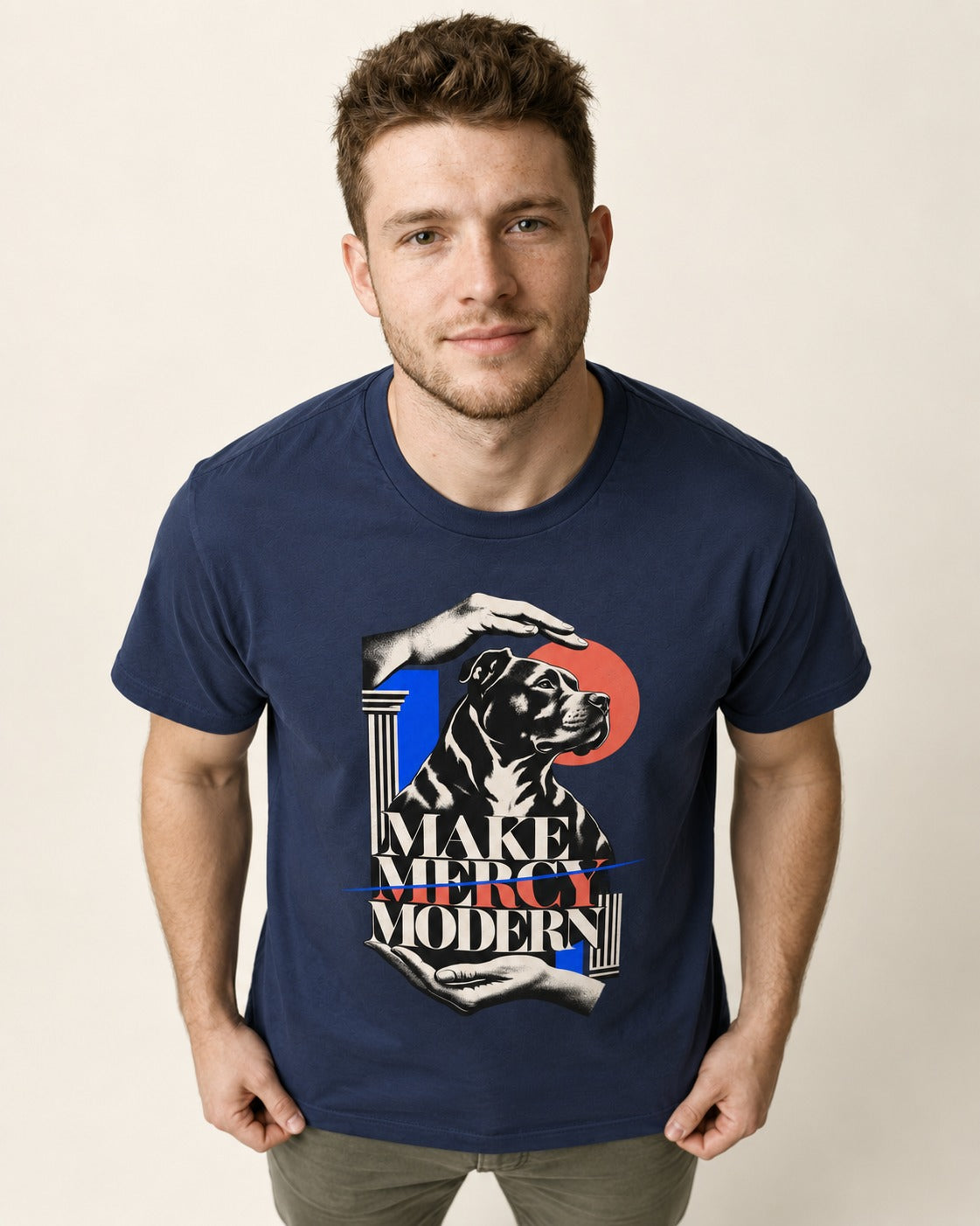 Pitbull Make Mercy Modern Protective Hands Graphic T-Shirt in Navy, worn by a model