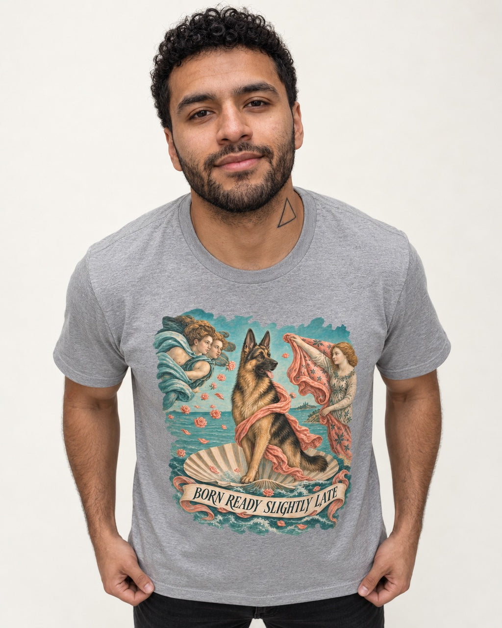 German Shepherd Dog Born Ready Slightly Late Venus Graphic T-Shirt in Sport Grey, worn by a model