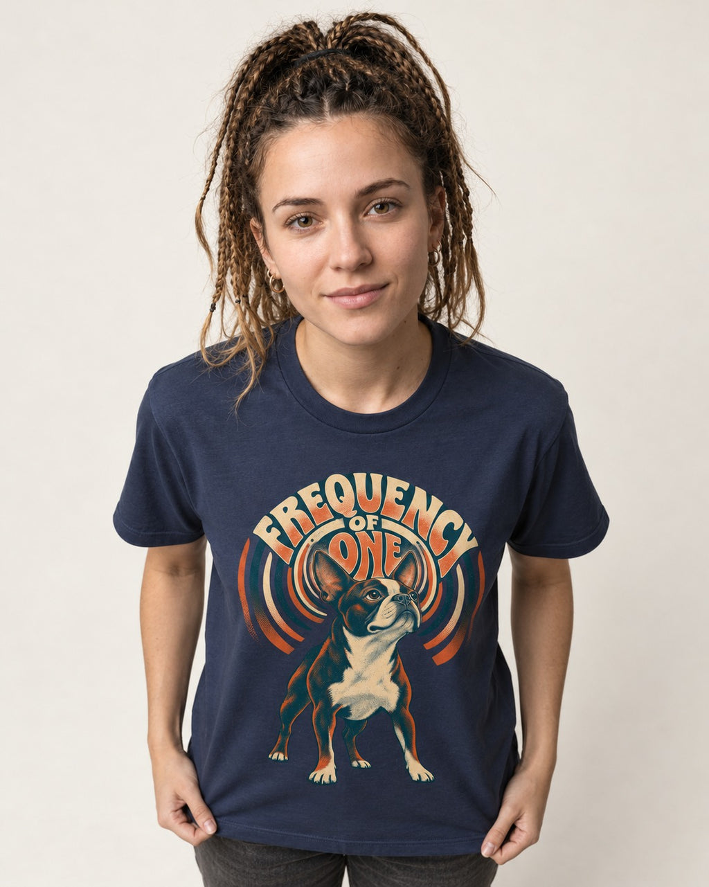 Frequency of One Boston Terrier Graphic T-Shirt in Navy, worn by a model