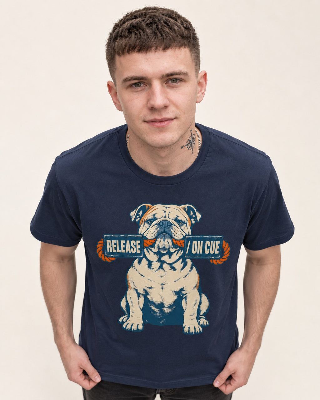 English Bulldog Release on Cue Rope Sign Graphic T-Shirt in Navy, worn by a model