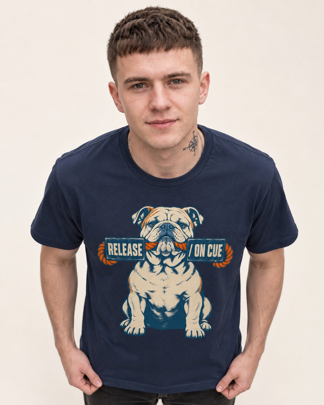 English Bulldog Release on Cue Rope Sign Graphic T-Shirt in Navy, worn by a model