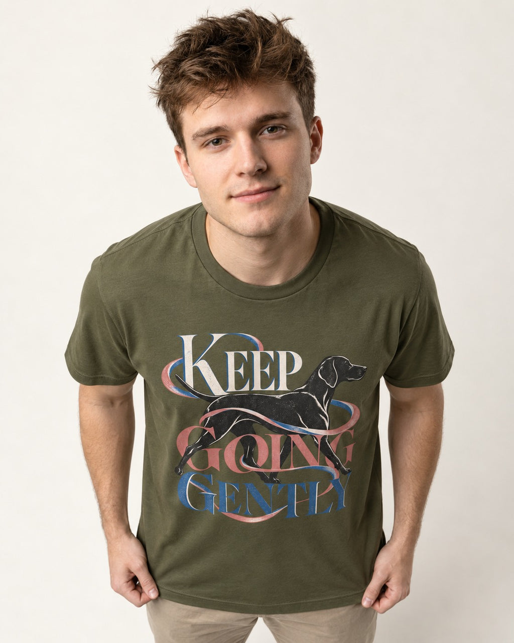 German Shorthaired Pointer Keep Going Gently Walking Graphic T-Shirt in Heather Military Green, worn by a model
