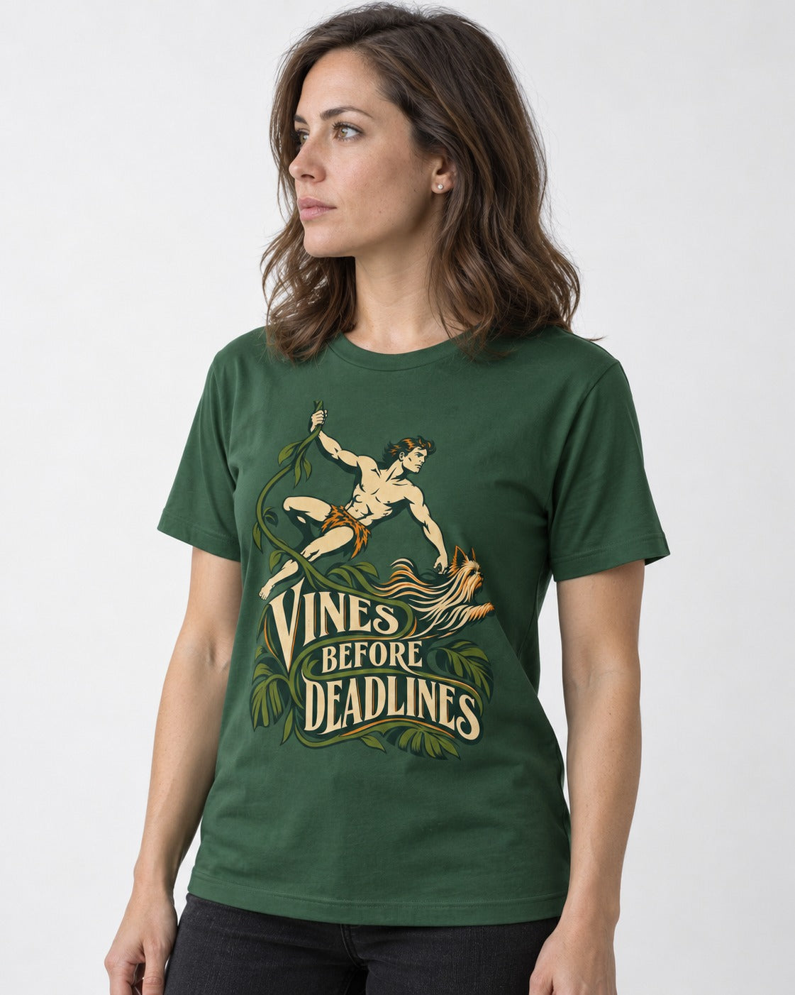 Yorkshire Terrier Vines Before Deadlines Jungle Hero Graphic T-Shirt in Forest Green, worn by a model