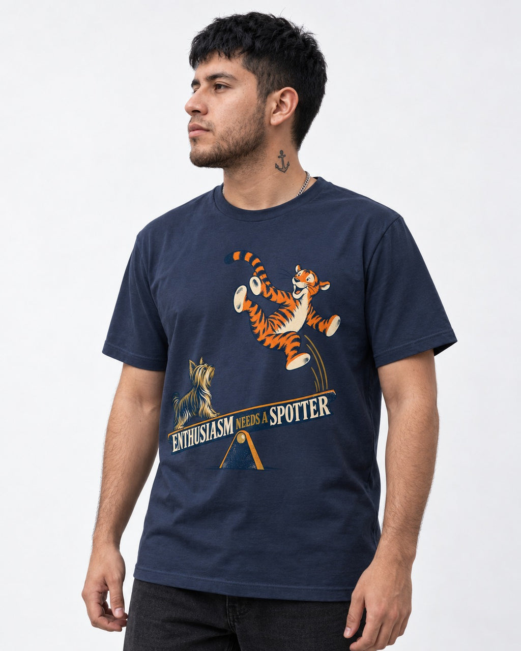Yorkshire Terrier Enthusiasm Needs a Spotter Seesaw Graphic T-Shirt in Navy, worn by a model
