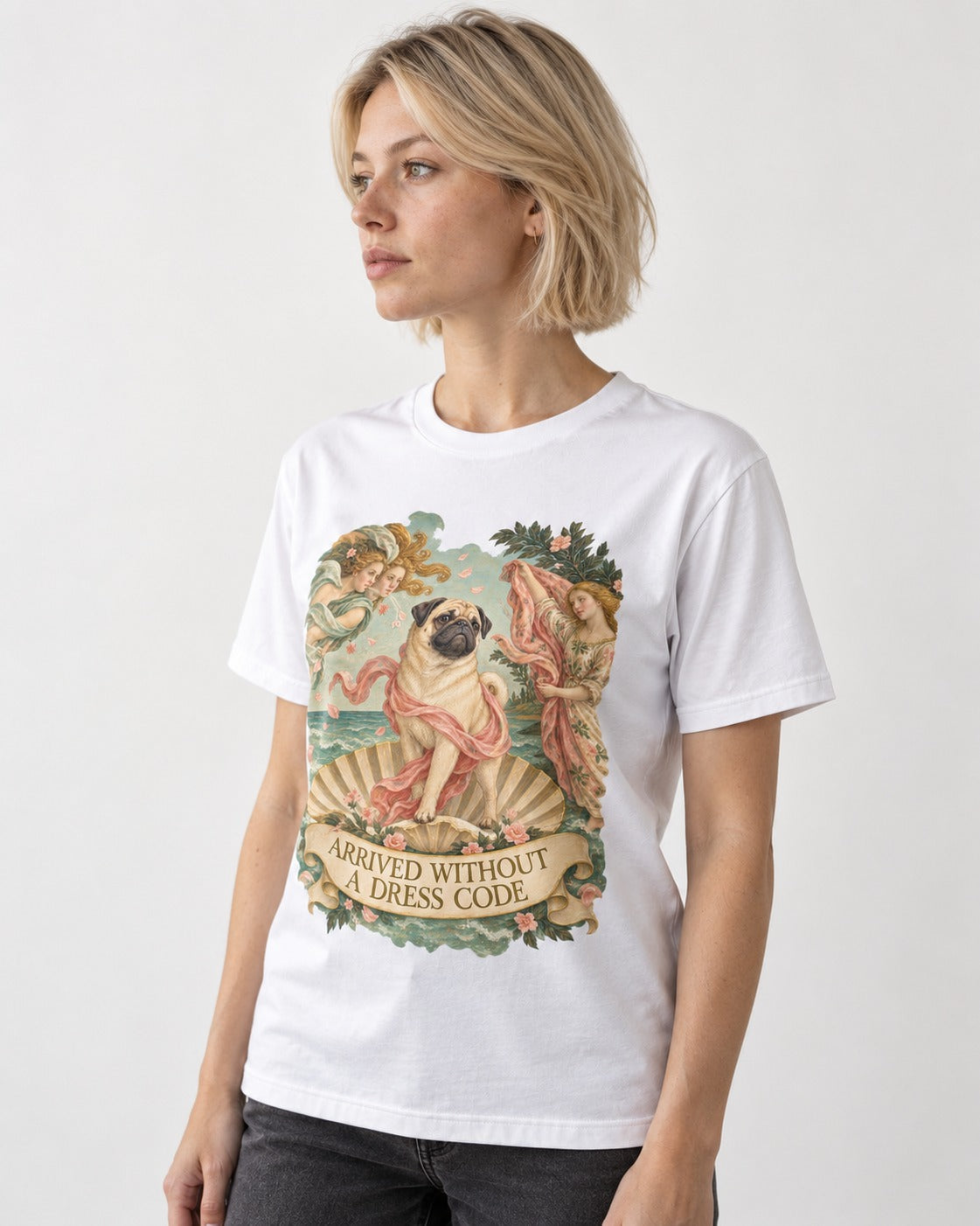 Pug Arrived Without a Dress Code Venus Parody Graphic T-Shirt in White, worn by a model