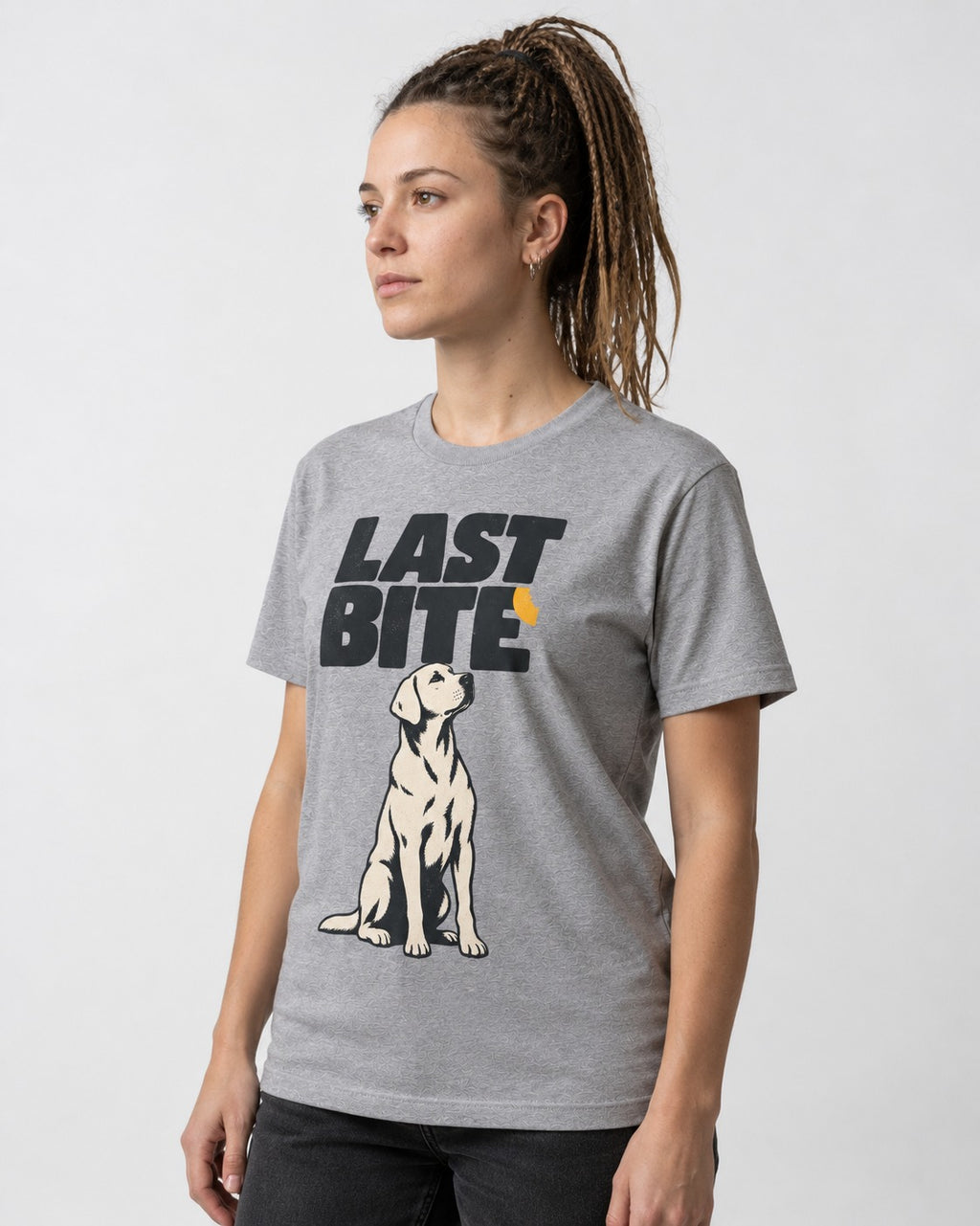Labrador Retriever's Last Bite T-Shirt in Sport Grey, worn by a model