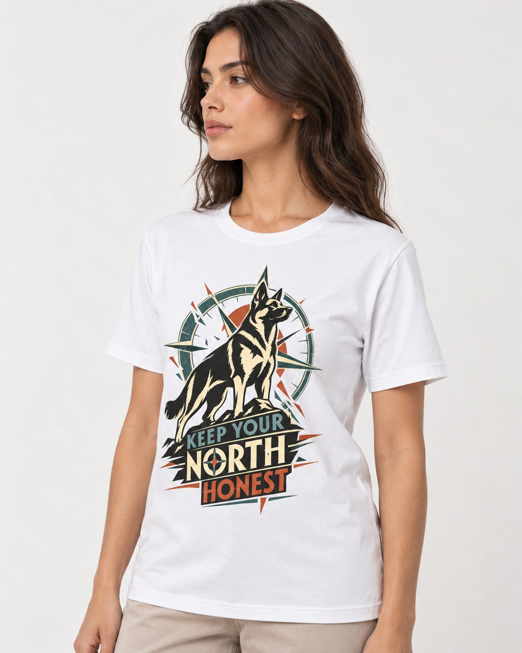 Keep Your North Honest Compass German Shepherd Dog Graphic T-Shirt in White, worn by a model