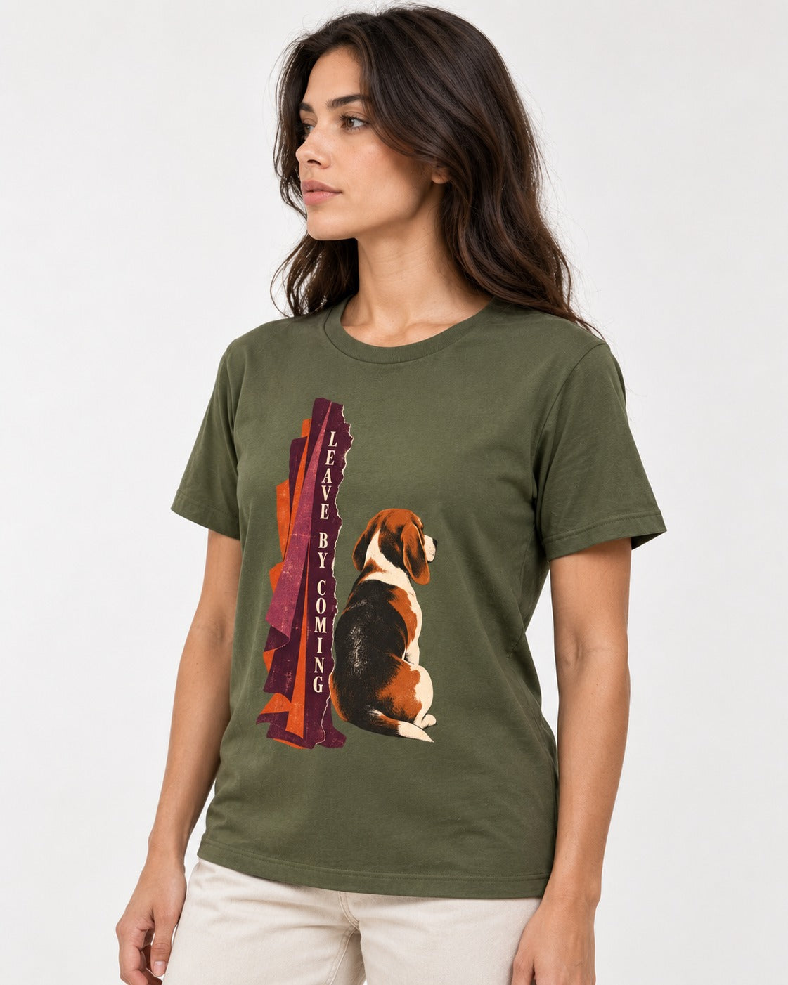 Leave By Coming Beagle Companion T-Shirt in Heather Military Green, worn by a model
