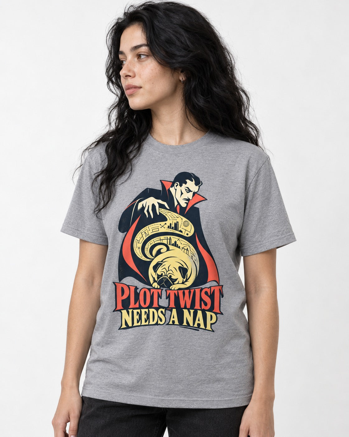Pug Needs a Nap T-Shirt in Sport Grey, worn by a model