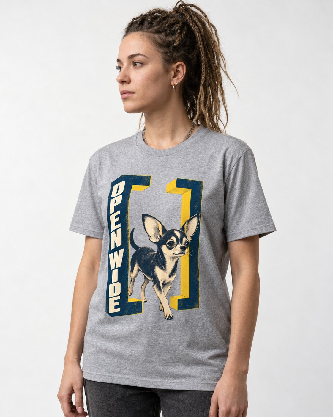 Open Wide Chihuahua T-Shirt in Sport Grey, worn by a model