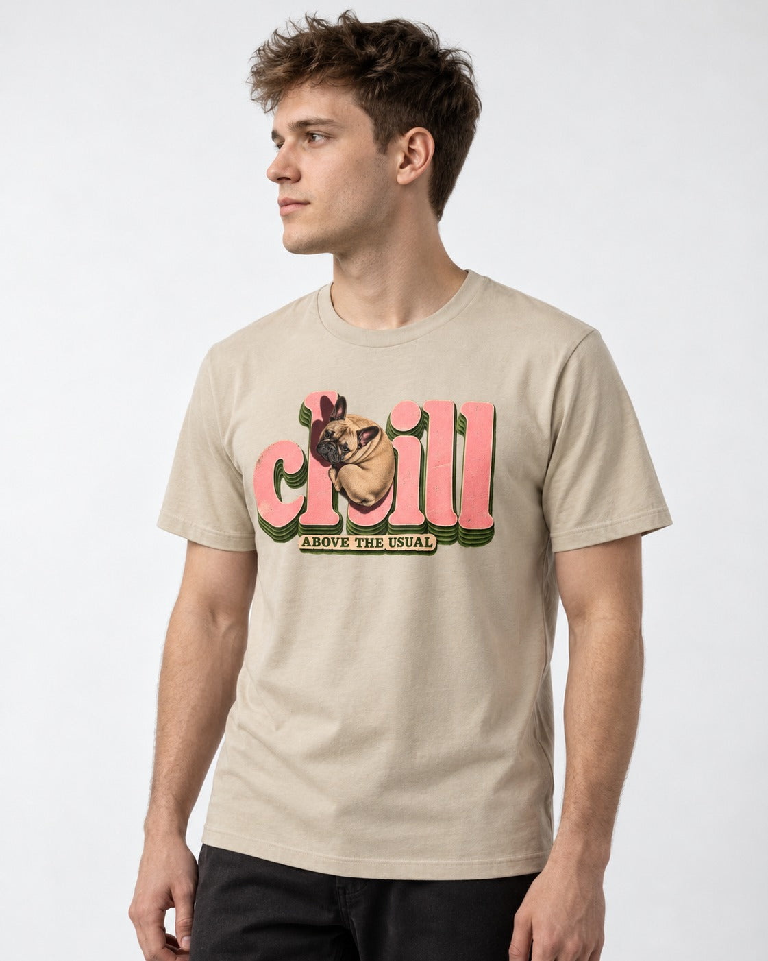 Frenchie Chill T-Shirt in Sand, worn by a model
