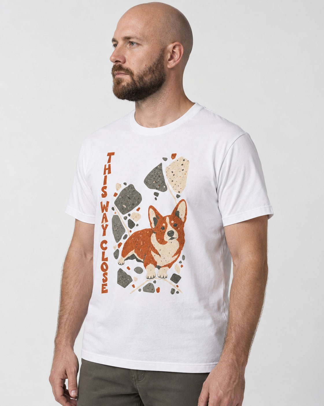 Corgi This Way Close Rubble Graphic T-Shirt in White, worn by a model