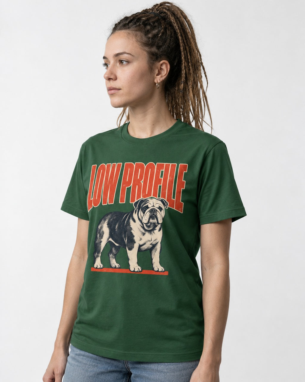 English Bulldog Low Profile Standing Graphic T-Shirt in Forest Green, worn by a model