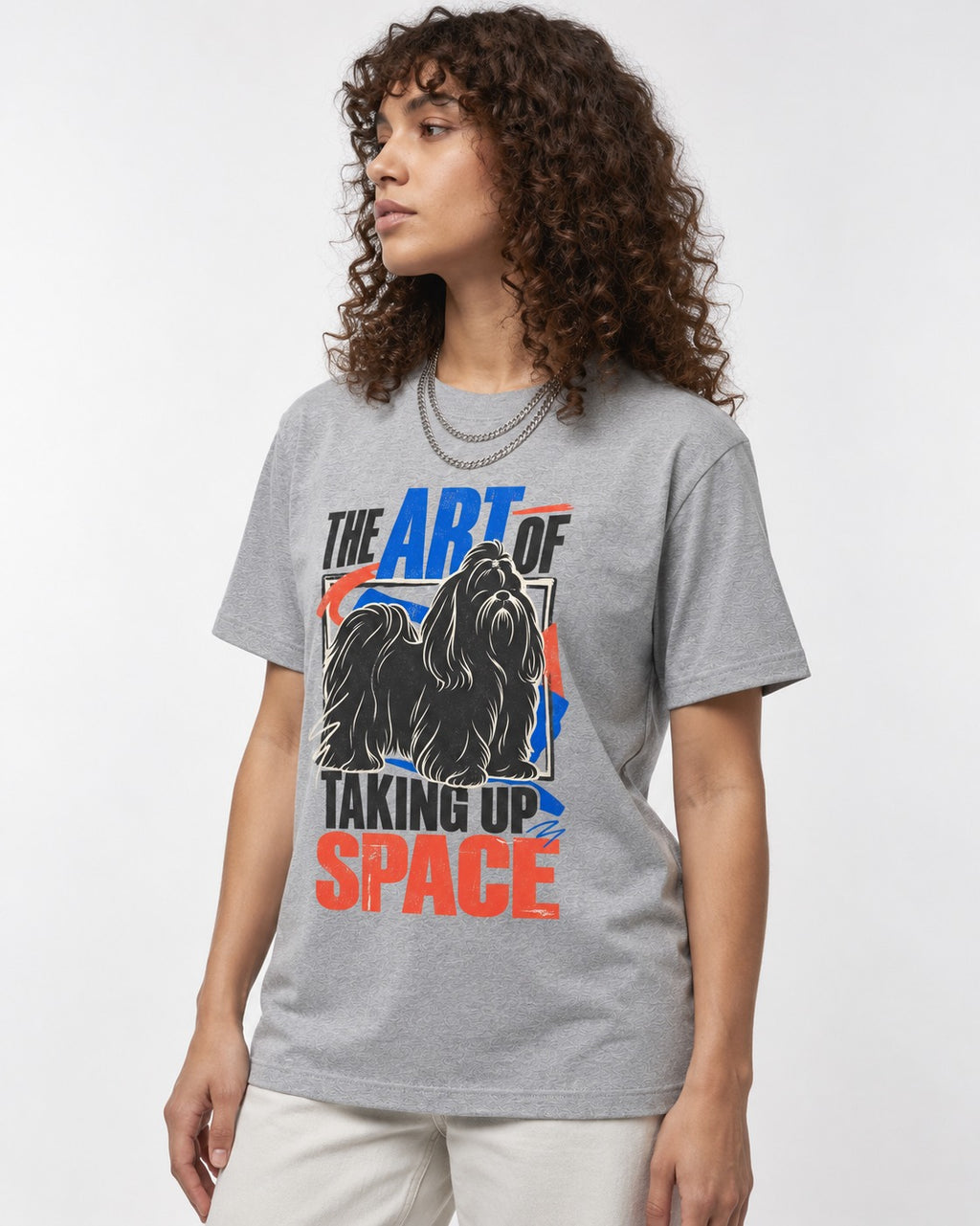 Shih Tzu Taking Up Space T-Shirt in Sport Grey, worn by a model