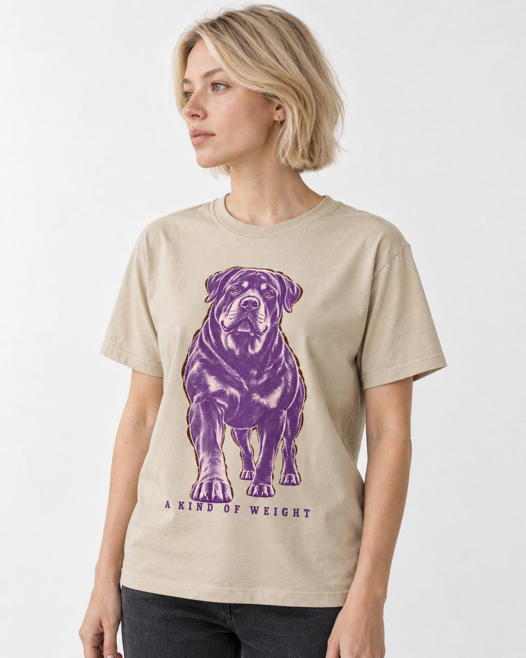 Rottweiler A Kind of Weight T-Shirt in Sand, worn by a model