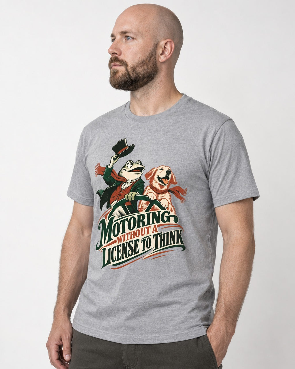 Golden Retriever Motoring Without a License to Think Driving Graphic T-Shirt in Sport Grey, worn by a model