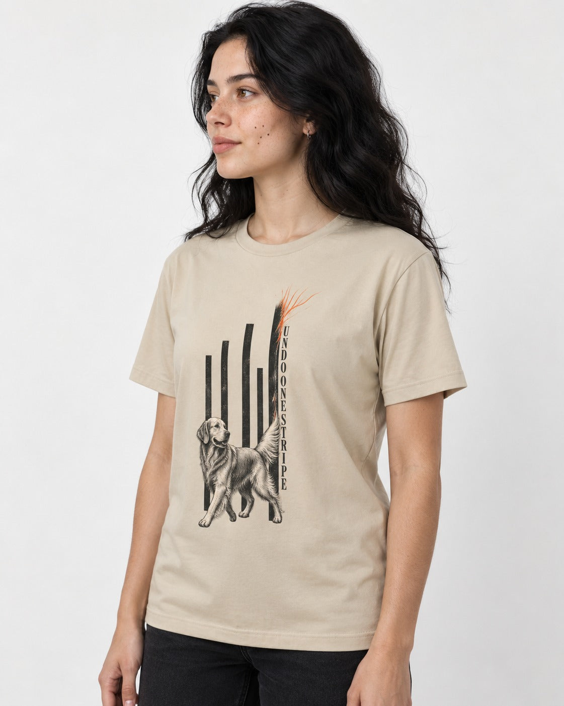 Undo One Stripe Golden Retriever T-Shirt in Sand, worn by a model
