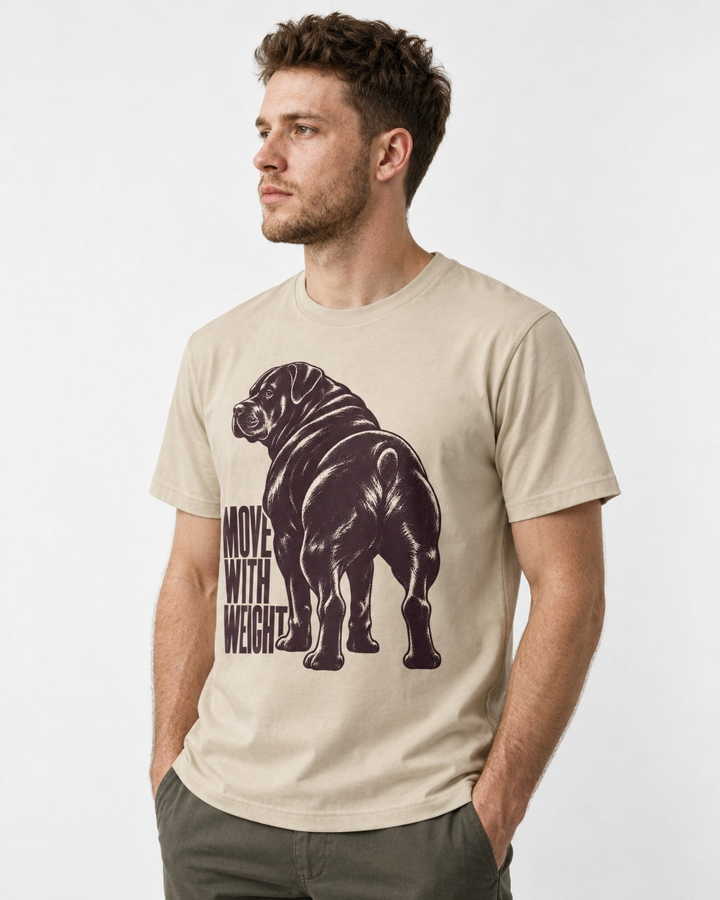 Rottweiler Moves with Weight T-Shirt in Sand, worn by a model