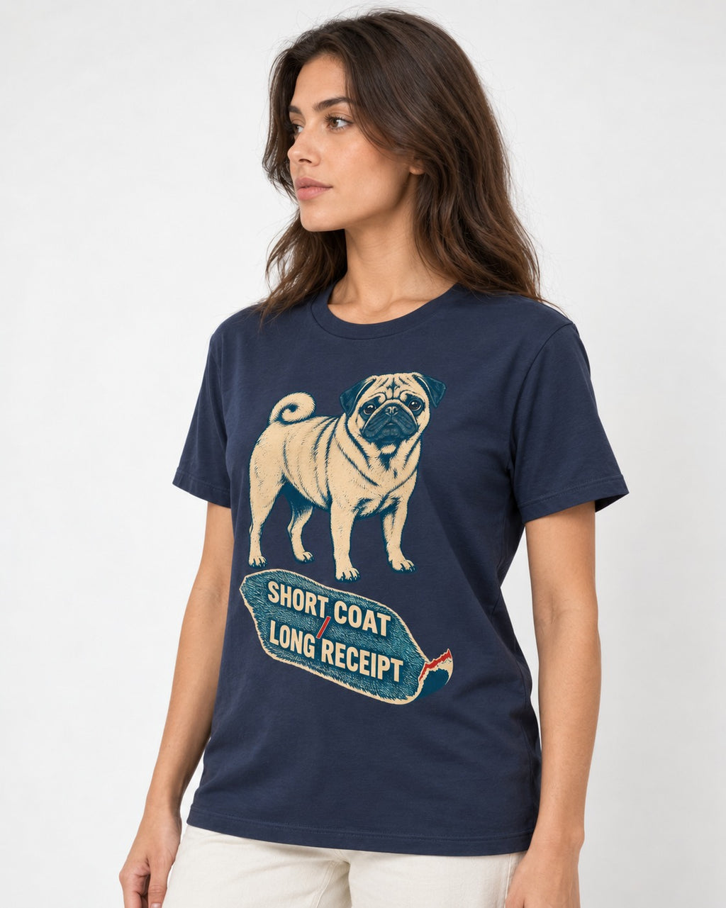 Pug Short Coat Long Receipt Graphic T-Shirt in Navy, worn by a model