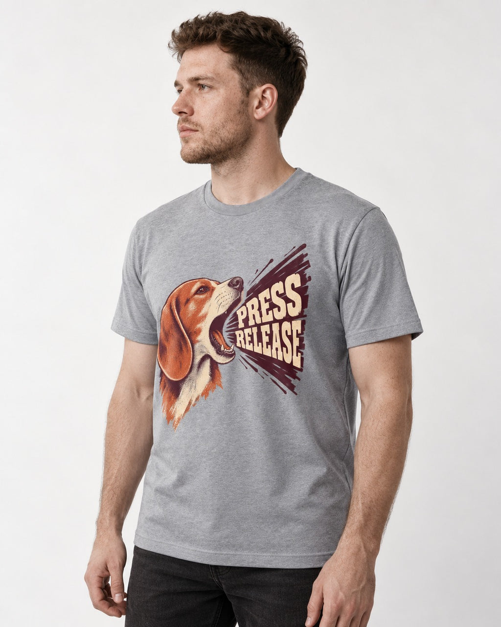 Beagle Press Release T-Shirt in Sport Grey, worn by a model