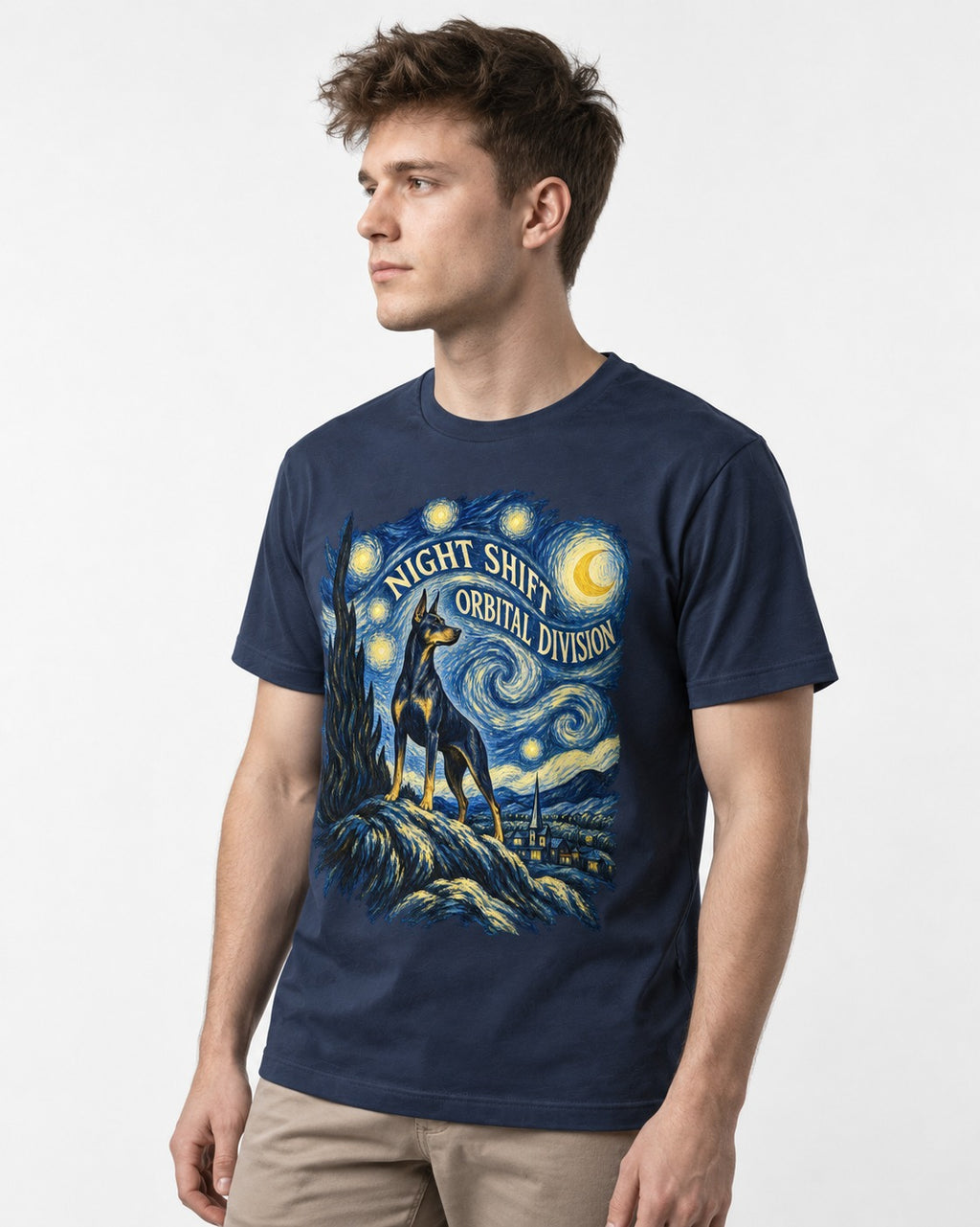 Doberman Night Shift Orbital Division Starry Night Graphic T-Shirt in Navy, worn by a model