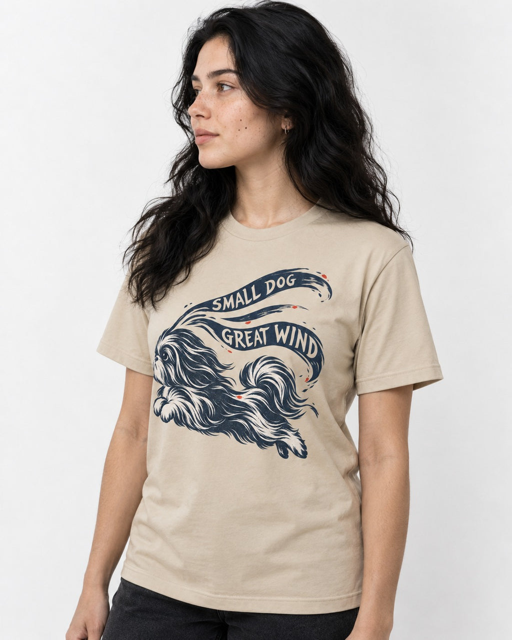 Small Shih Tzu Great Wind T-Shirt in Sand, worn by a model