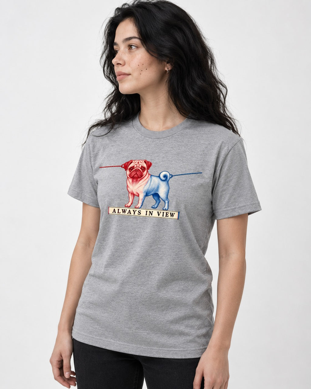 Pug Always in View Split Leash Graphic T-Shirt in Sport Grey, worn by a model
