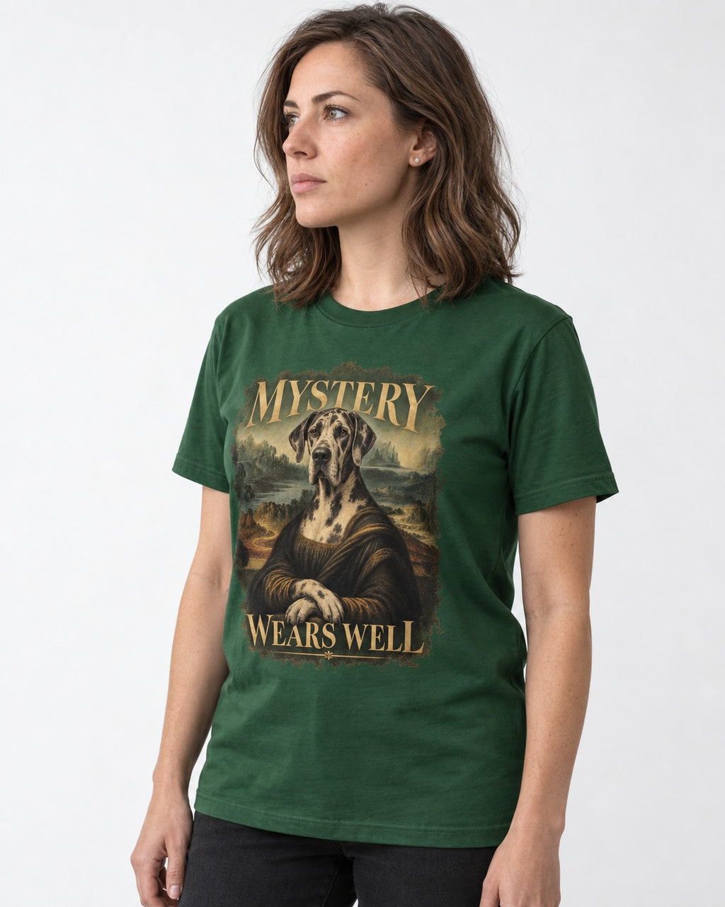 Great Dane Mystery Wears Well Renaissance Portrait Graphic T-Shirt in Forest Green, worn by a model