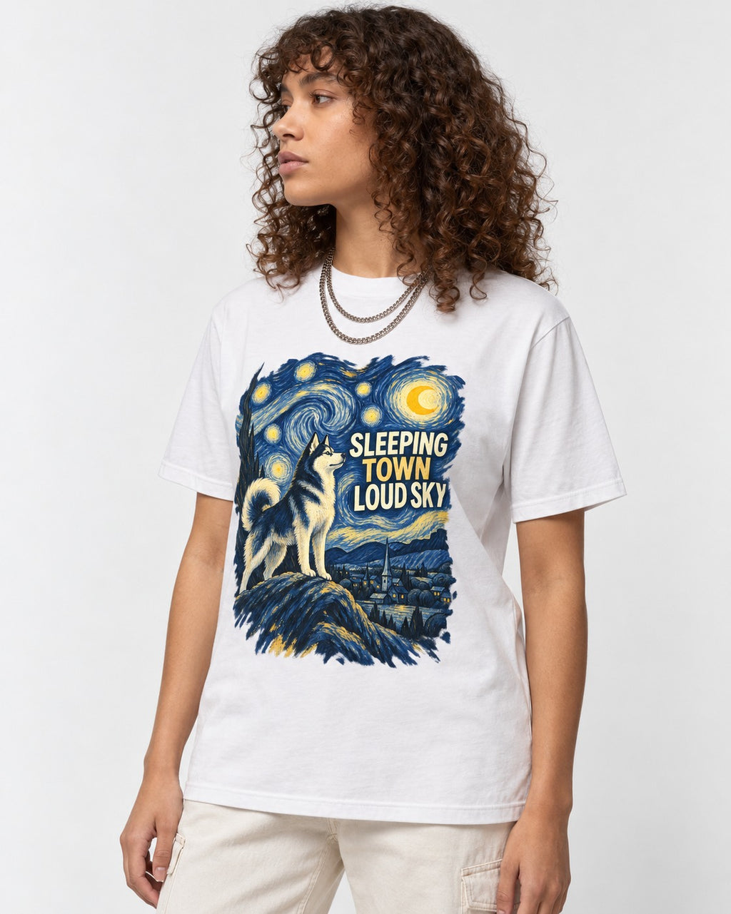 Husky Sleeping Town Loud Sky Starry Night Graphic T-Shirt in White, worn by a model