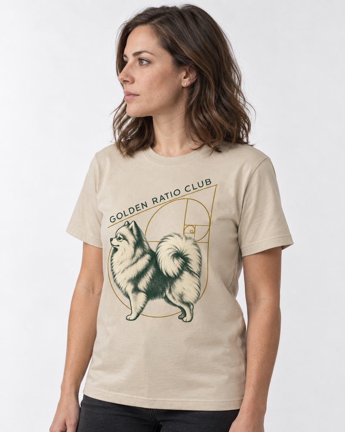 Pomeranian Golden Ratio Club T-Shirt in Sand, worn by a model