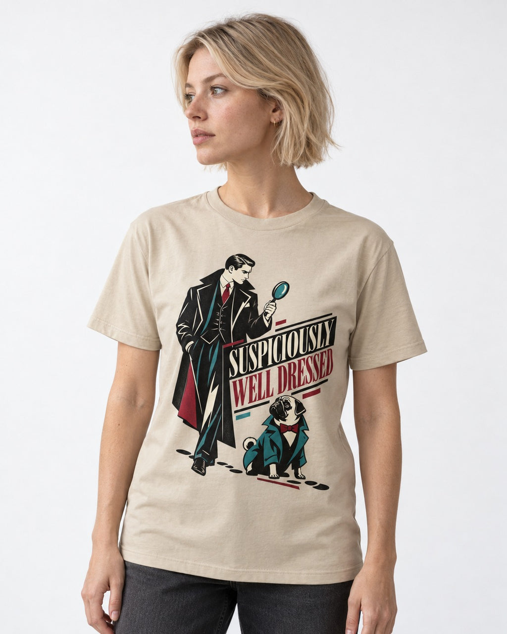 Suspiciously Well Dressed Pug T-Shirt in Sand, worn by a model