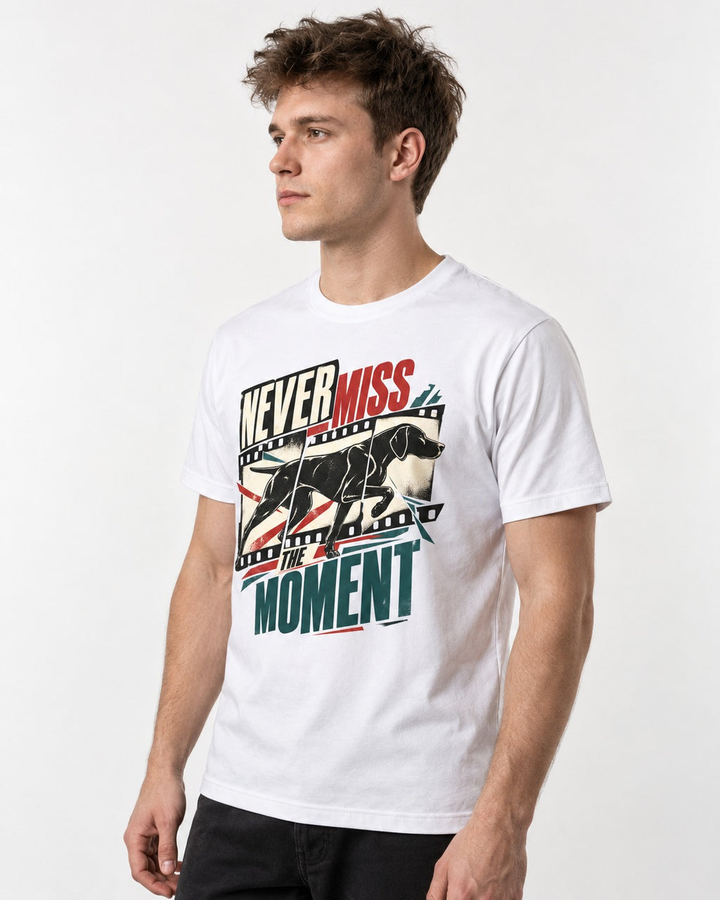 German Shorthaired Pointer Never Miss the Moment Filmstrip Graphic T-Shirt in White, worn by a model