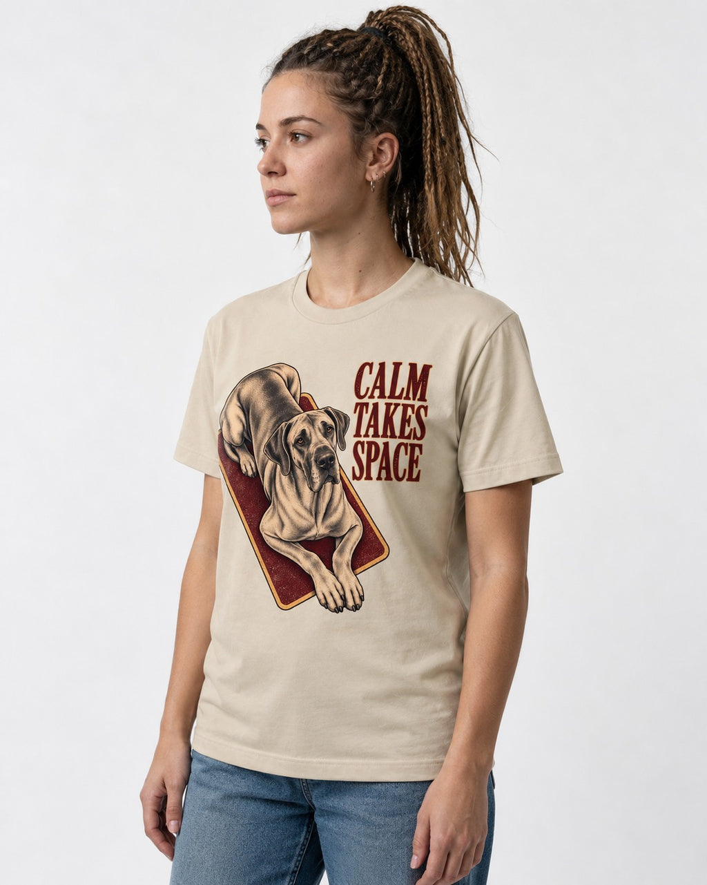 Great Dane Calm Takes Space T-Shirt in Sand, worn by a model