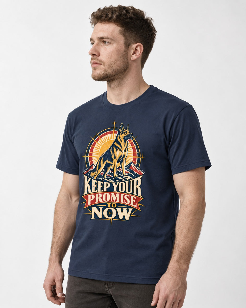 Keep Your Promise To Now Sunrise German Shepherd Dog Graphic T-Shirt in Navy, worn by a model