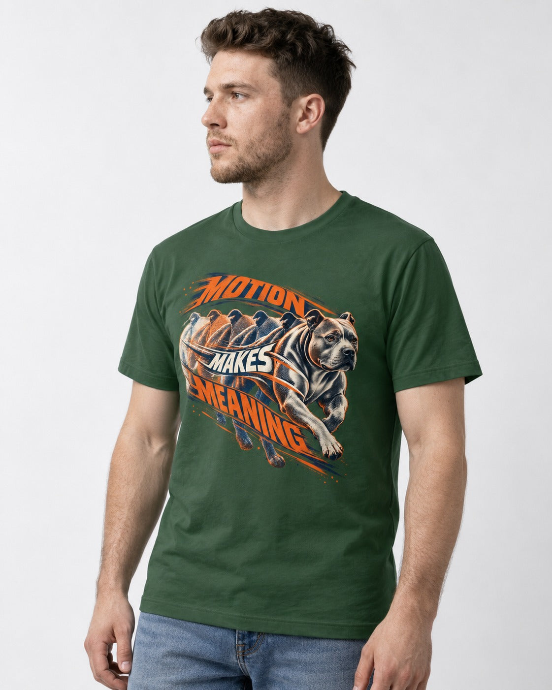 Pitbull Motion Makes Meaning Running Dog Graphic T-Shirt in Forest Green, worn by a model