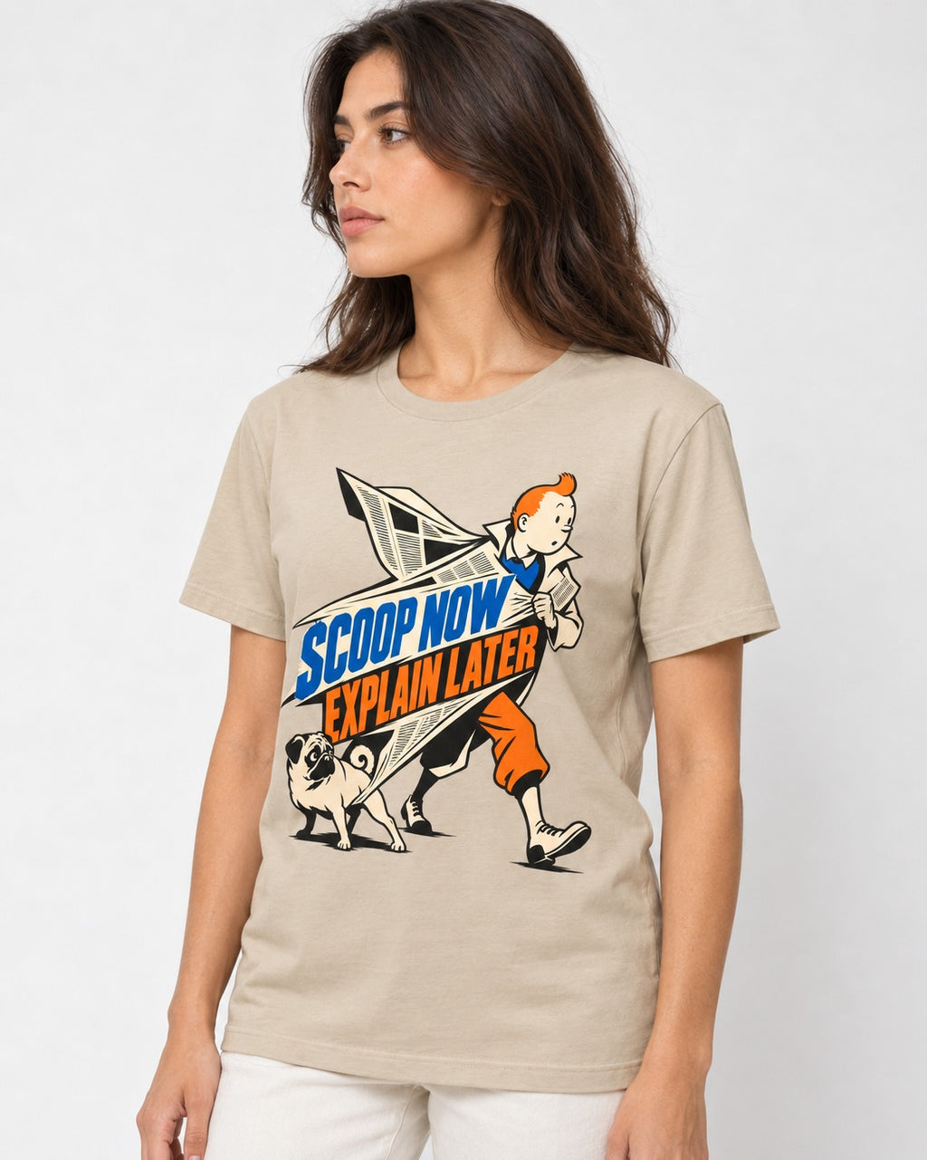 Pug Scoop Now Explain Later T-Shirt in Sand, worn by a model
