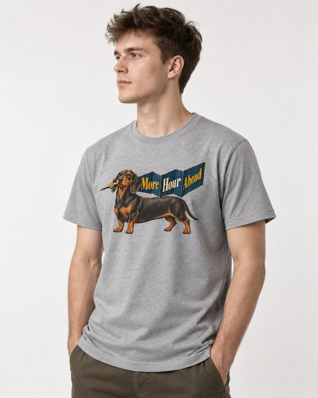 Dachshund More Hour Ahead Foldout Banner Graphic T-Shirt in Sport Grey, worn by a model