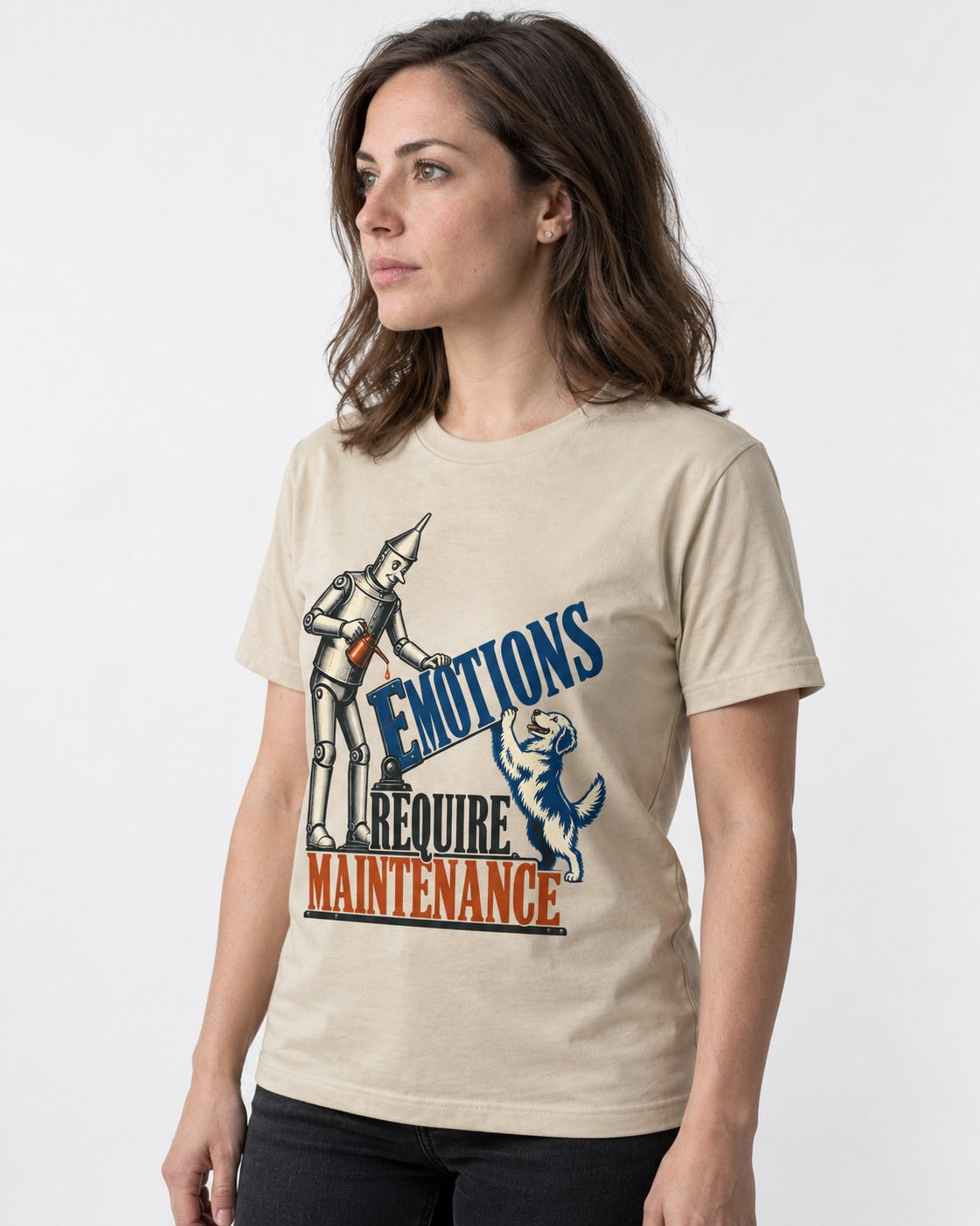 Golden Retriever Emotions Require Maintenance T-Shirt in Sand, worn by a model