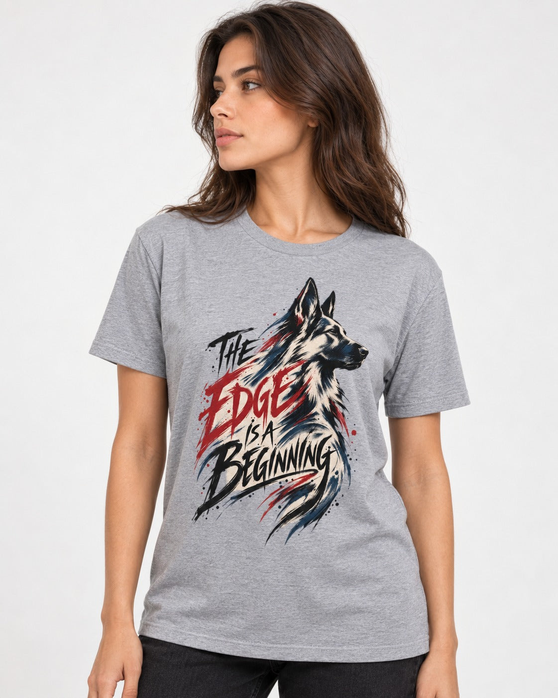 Edge Is a Beginning German Shepherd Dog T-Shirt in Sport Grey, worn by a model