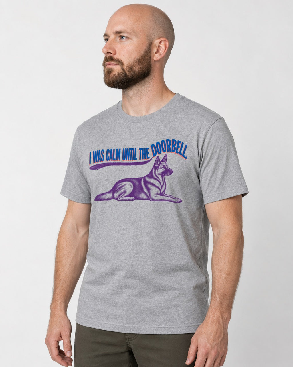 German Shepherd Dog Calm Until the Doorbell T-Shirt in Sport Grey, worn by a model