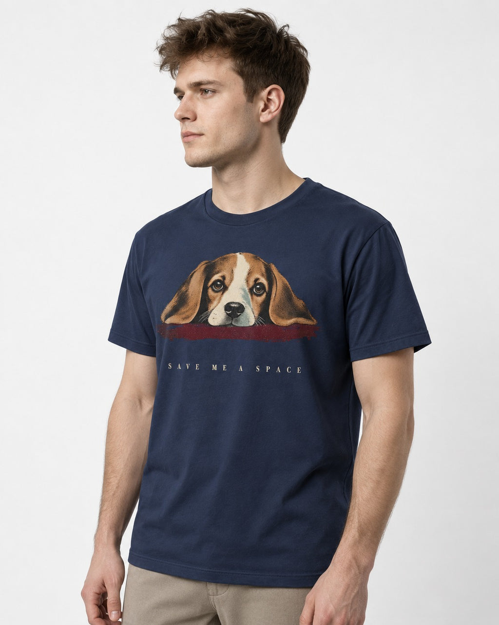Save Me A Space Beagle T-Shirt in Navy, worn by a model